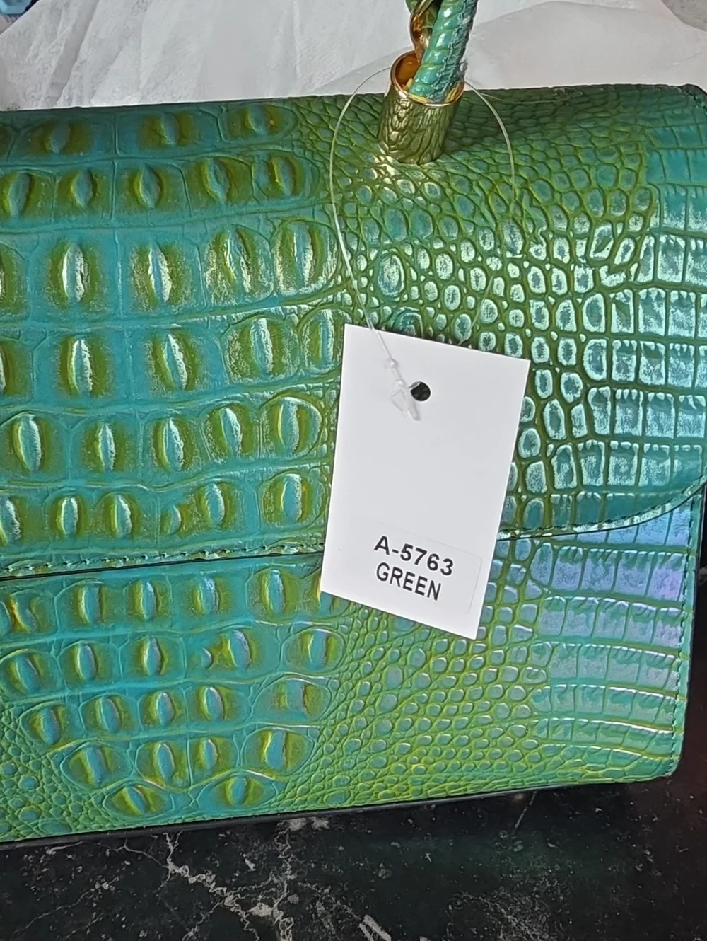 Iridescent Green Croc-Embossed Top-Handle Bag